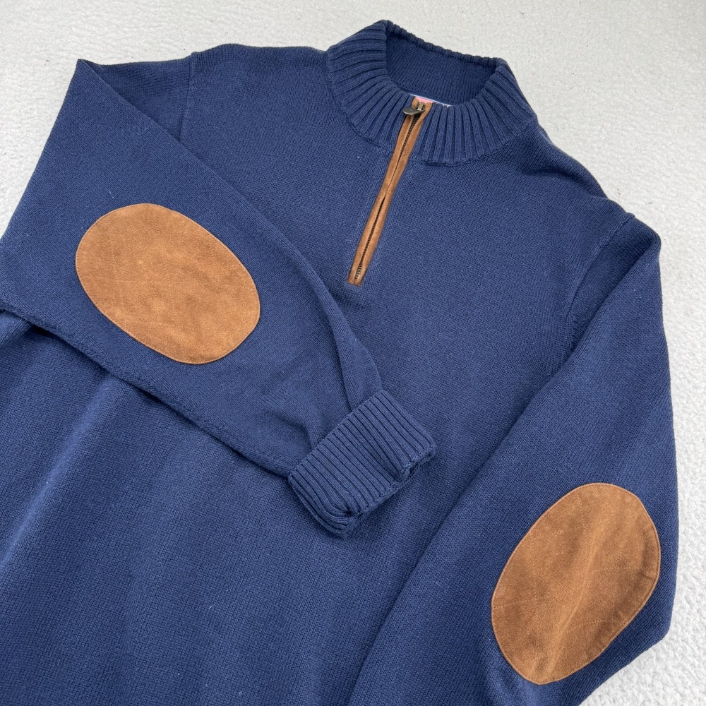 Vineyard Vines Sweater Mens Large Blue Merino Wool Elbow Patch 1/4 Zip Pullover